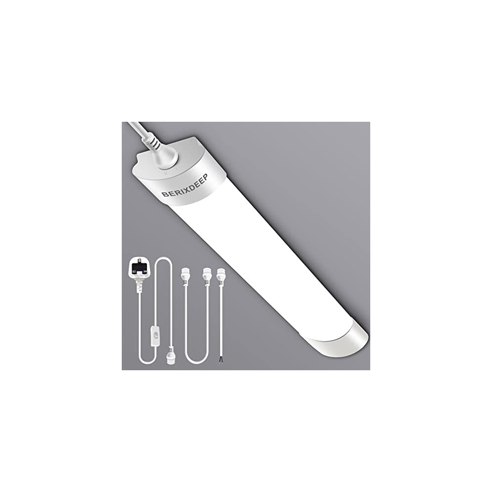 LED Batten Light 6500K Daylight, Linkable LED Fluorescent Strip Fitting for Garage, Workshop, Office, Wall, Kitchen, Shed, IP65 Plug in Ceiling Light
