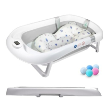 Foldable Baby Bath with Non-Slip Bath Cushion/Bath with Thermometer for Water Temperature Control/from Birth to 3 Years / 5 Plastic Balls (Grey 2)