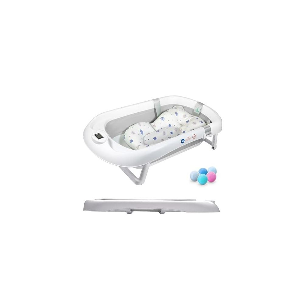 Superbe Bebe Foldable Baby Bath With Non-Slip Bath Cushion/Bath With Thermometer For Water Temperature Control/From Birth To 3 Years / 5 Plastic Balls (Grey 2)
