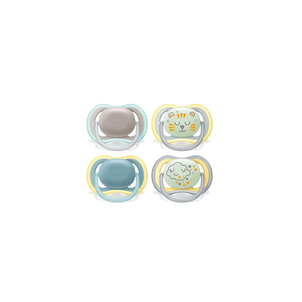 Avent Ultra Air Soother - Pack of 4 Light, Breathable, Glow in The Dark Baby Dummies, 18M+ (Model SCF349/43), Grey, 4er-Pack
