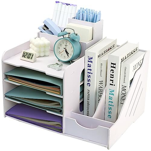 Letter Tray with Magazine Rack, Wooden Filing Tray for Office Desk, Desk Organiser