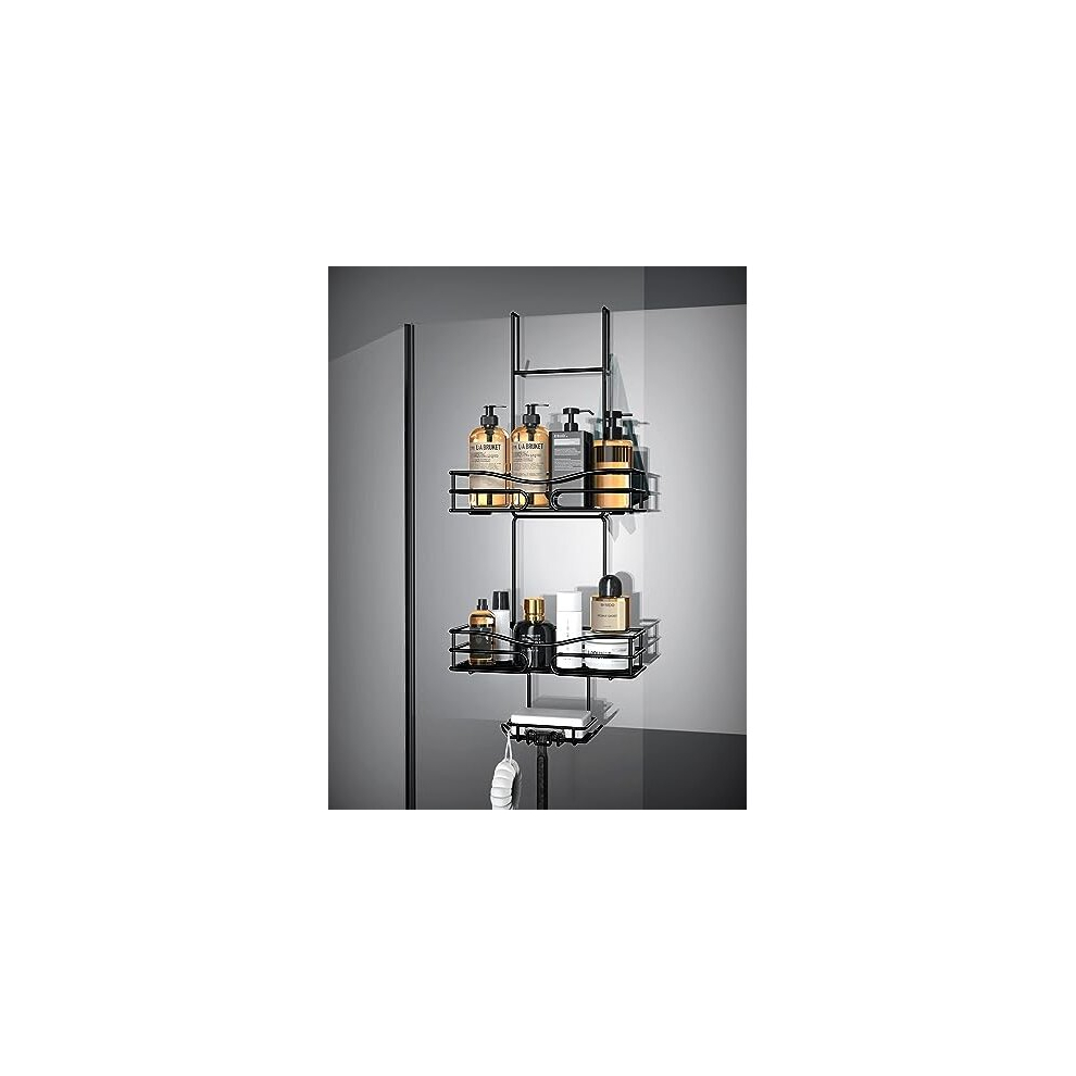 Black Hanging Shower Caddy - Rustproof Hanging Shower Shelf with Soap Holder and 6 Hooks, for Glass Bathroom Door Bathroom Storage (Width 5.4CM)