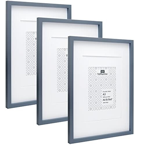 Grey A3 Boxed Picture Frames Set of 3 with Double Mounts for A4 & 6x8