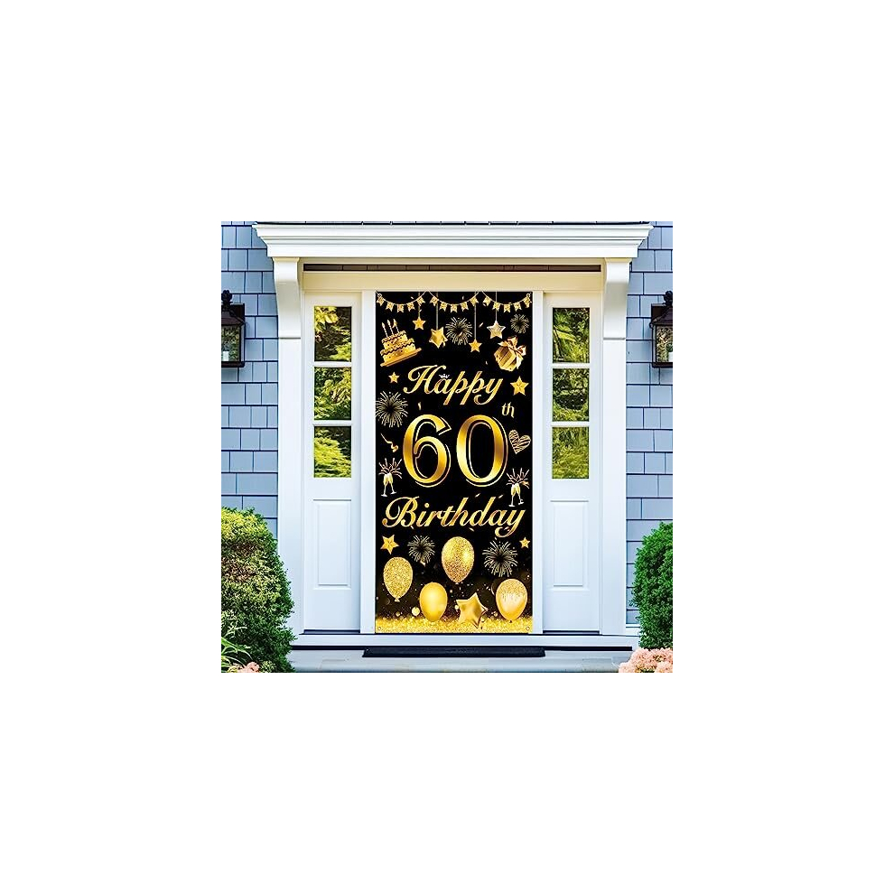 60th Door Cover Decoration Black Gold, 60th Birthday Party Decorations Door Hanging Banner Backdrop, 60th Birthday Door Banner Photo Booth Sign