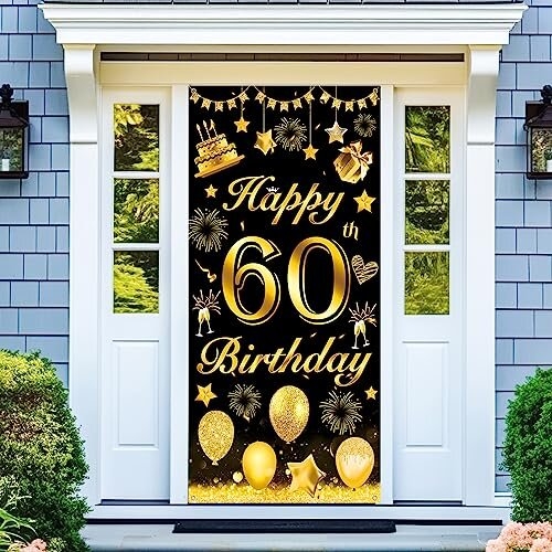 Black Gold Happy Birthday Door Banner - 6x3 Foot Party Backdrop With Hanging Rope