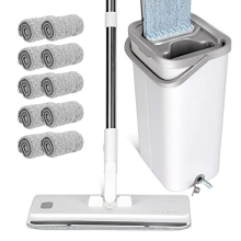 Floor Mop and Buckets Sets, Flat Mop Bucket Set with 10pc Reusable Pads & 140cm Long Handle, Microfibre Mops for Cleaning Laminate Tile Hardwood