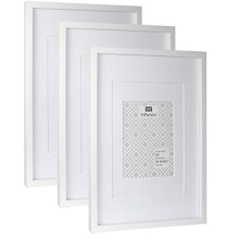White A3 Boxed Picture Frames Set of 3 with Double Mounts for A4 & 6x8 photo, A4 boxed photo frames for 3pack, White A3 wooden Poster Frame with Mount