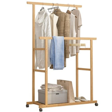 Bamboo Clothes Rail Rack: Double Hanging Rails Clothes Rack on Wheels Free Standing Garment Rack with Storage Shelves Coat Rack for Dress Pants Shoes