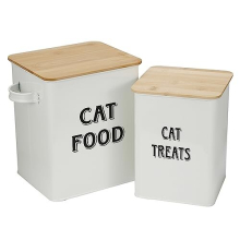 Pet Food and Treats Containers Set with Scoop for Cats or Dogs - Beige Powder-Coated Carbon Steel - Tight Fitting Wood Lids - Storage Canister Tins -