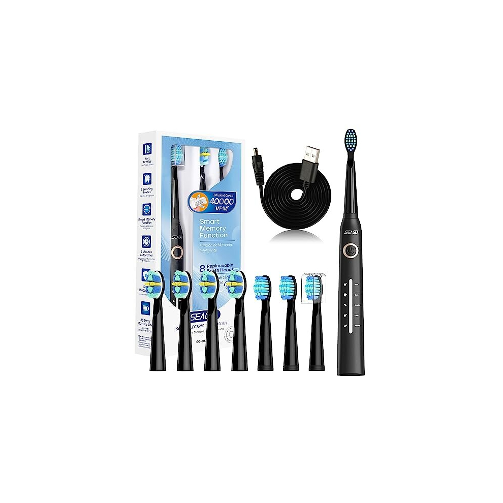 Seago Sonic Electric Toothbrush, Rechargeable Power Toothbrush With 8 Brush Heads, Sonic Toothbrushes 40,000 Vpm, 5 Cleaning Modes With Teeth Whitening,