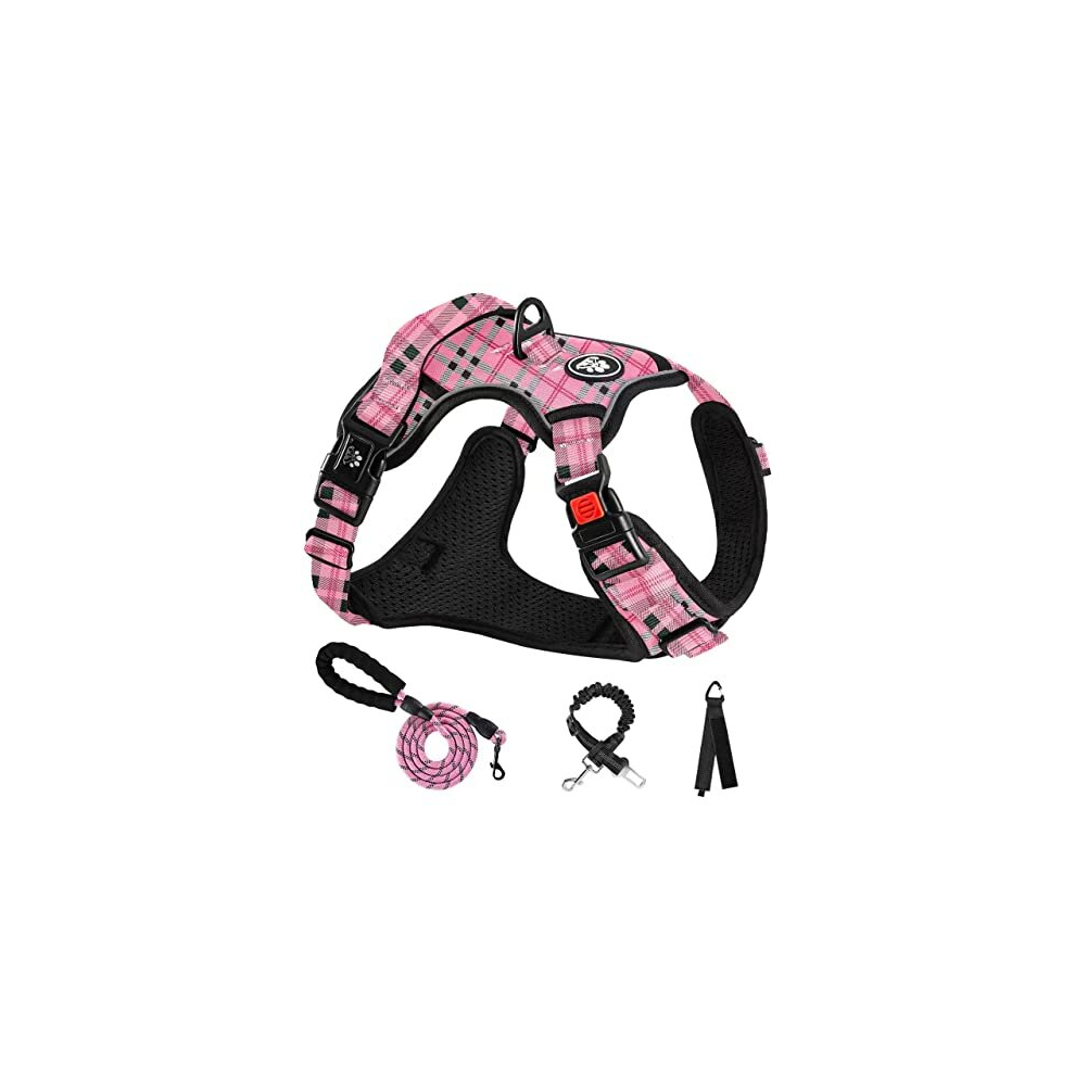 Dog Harness, No Pull Puppy Dog Car Vest Harness and Lead Set, Pink Plaid, Size S for Small Dogs Neck 11-15" Chest 15-21", Reflective No-Choke,