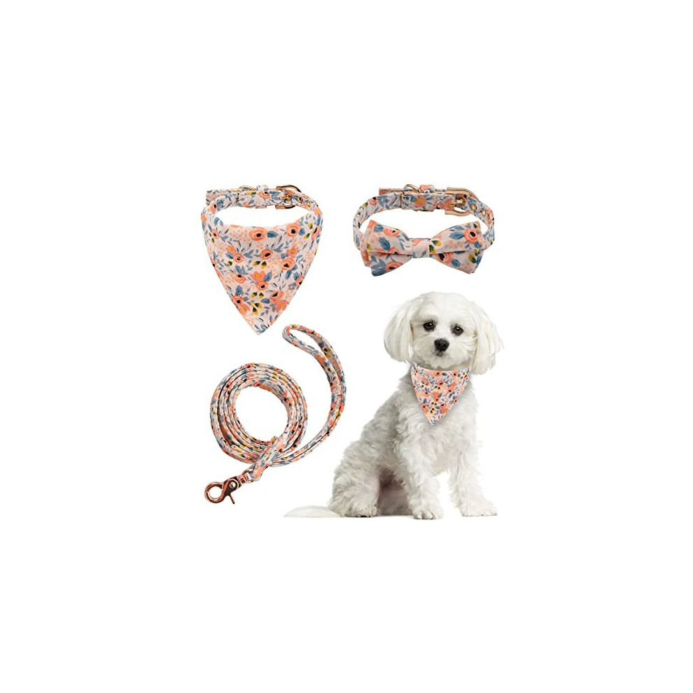 Bow Tie Dog Collar with Leash Set, 3 PCS Detachable Pet Bow Tie Collar Bandana Collar and Leash Set Adjustable Flower Bandana Dog Collar for Small