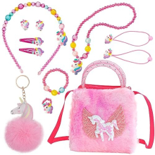 12 Pcs Unicorn Crossbody Bag with Jewelry Set, Unicorn Gifts for Girls, Princess Necklace Bracelet Rings Earrings Hair Accessories, Girls Dress Up