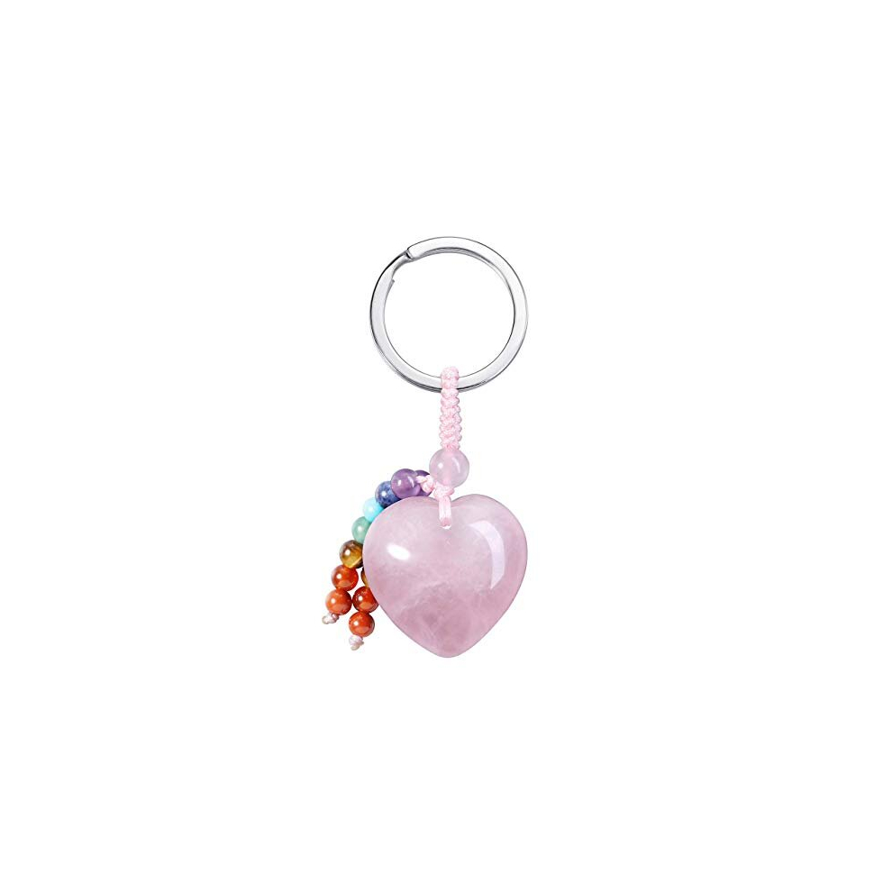 Rose Quartz Crystal Keychain Natural Chakra Healing Quartz Crystal Gemstone Heart Pendant Car Keyring Bag Charms for Women Girls Bag Decor Mothers Day