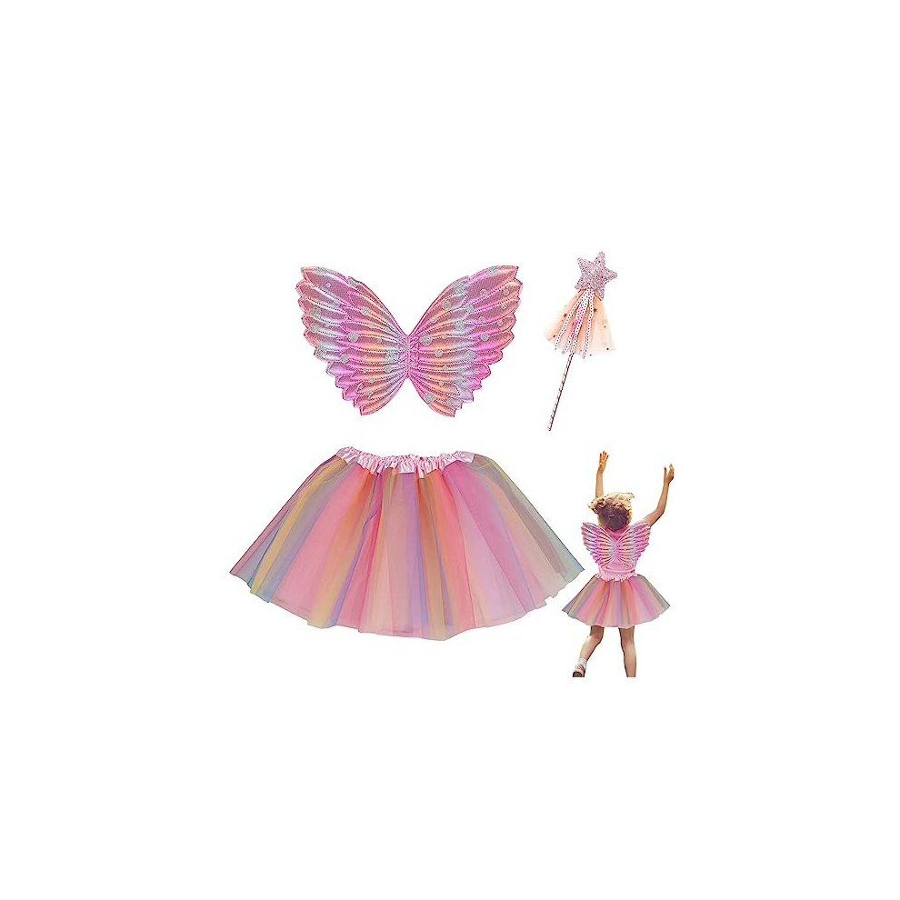 Butterfly Wings Costume, Butterfly Fairy Wings Pink Tutu Dress with Magic Star Wand Butterfly Costume Princess Fairy Dress Up for Cosplay Halloween