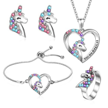 4 PCS Girls Jewelry Set Unicorn Mermaid Necklace Bracelet Set and Earrings Ring with Present Box Jewelry Favors Set Birthday Gift for Little Girl