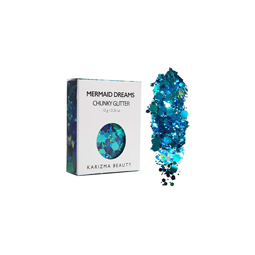 Karizma Mermaid Dreams Glitter. 10G Chunky Face Glitter, Hair Glitter, Eye Glitter, Body Glitter For Women. Rave Glitter, Festival Accessories, Cosmetic