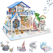 Miniature Dolls House Kit with Music, DIY Miniature House Model Kits to Build, Handmade Crafts for Adults, Make Your Own Birthday, Room Decor, Blue