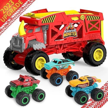 4-in-1 Monster Truck Transport Carrier Playset, Red Mover Rhino Toy Cars Hauler Set for Children, Truck Hauler with Super Ramp Launch, Including 3