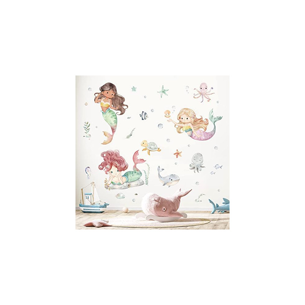 Under The Sea Mermaid Wall Decals Ocean Fish Whale Turtle Wall Stickers Bathroom Girls Bedroom Baby Nursery Wall Decor Decalmile