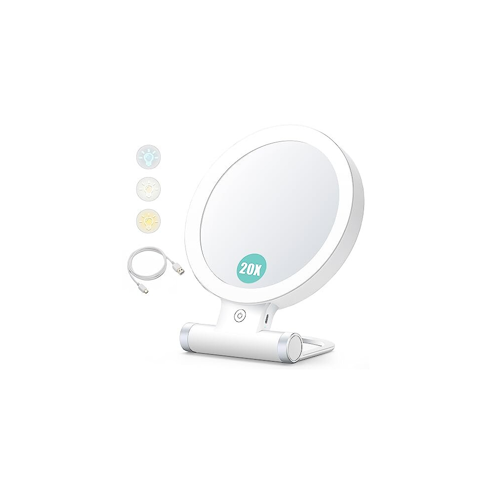 Magnifying Mirror with Light,20X/1X Double Sided Tabletop Portable Lighted Makeup Beauty Mirror, 3 Color Lighting, Dimmable Touch Screen,Cosmetic