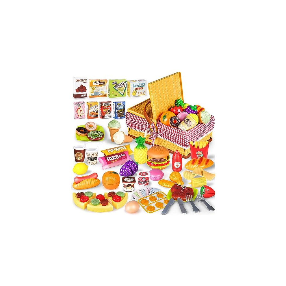 Play Food Sets for Children, Toy Foods with Assemblable Picnic Basket, Pretend Food 103PCS, Gifts Pretend Play Toys for Kids Boys Girls 3+ Years Old