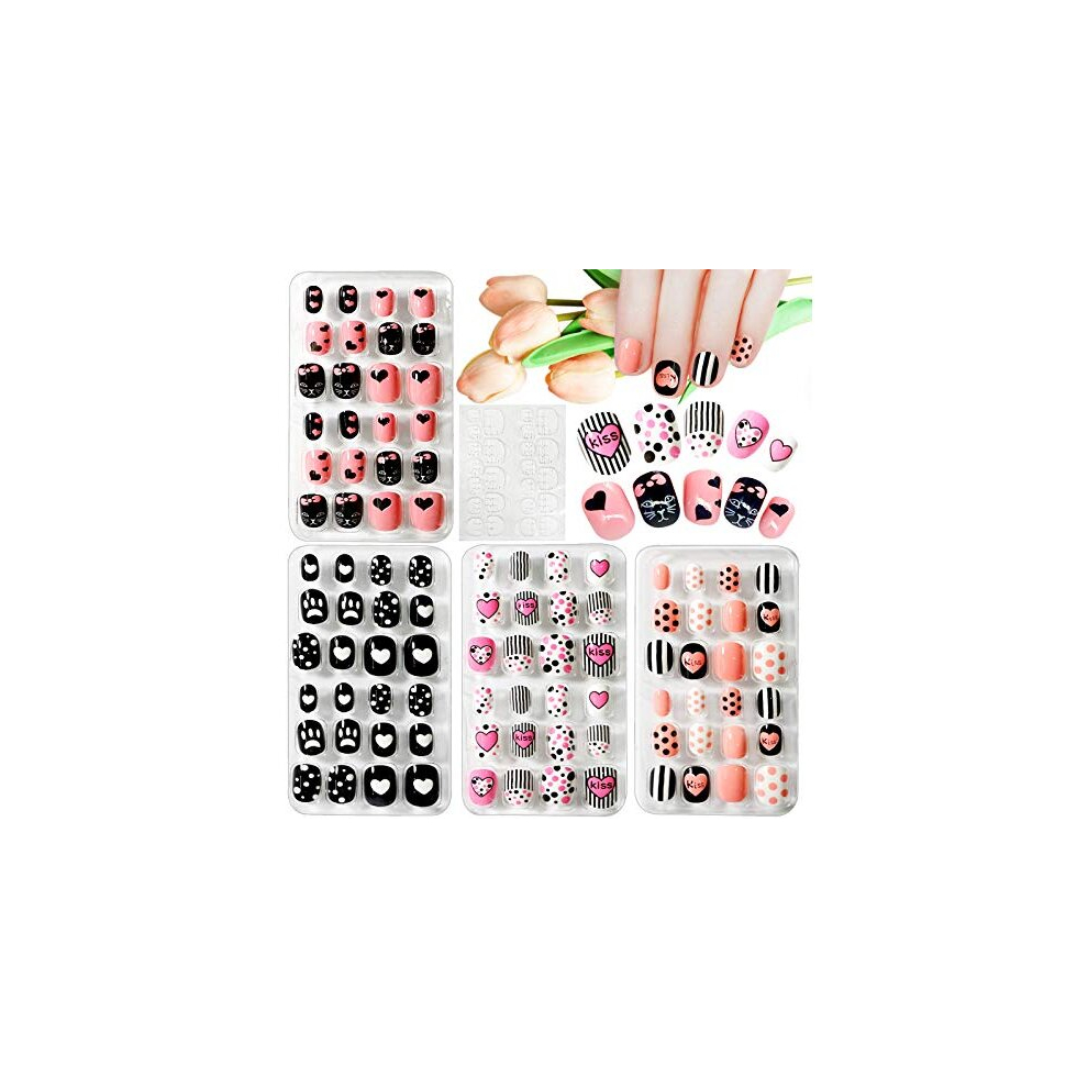 96PCS Kids False Nail, Children Nails Press on Pre-glue Full Cover Dot Heart Pattern Short False Nail Kits with 1pcs Nail Glue Sticker, Lovely Gift