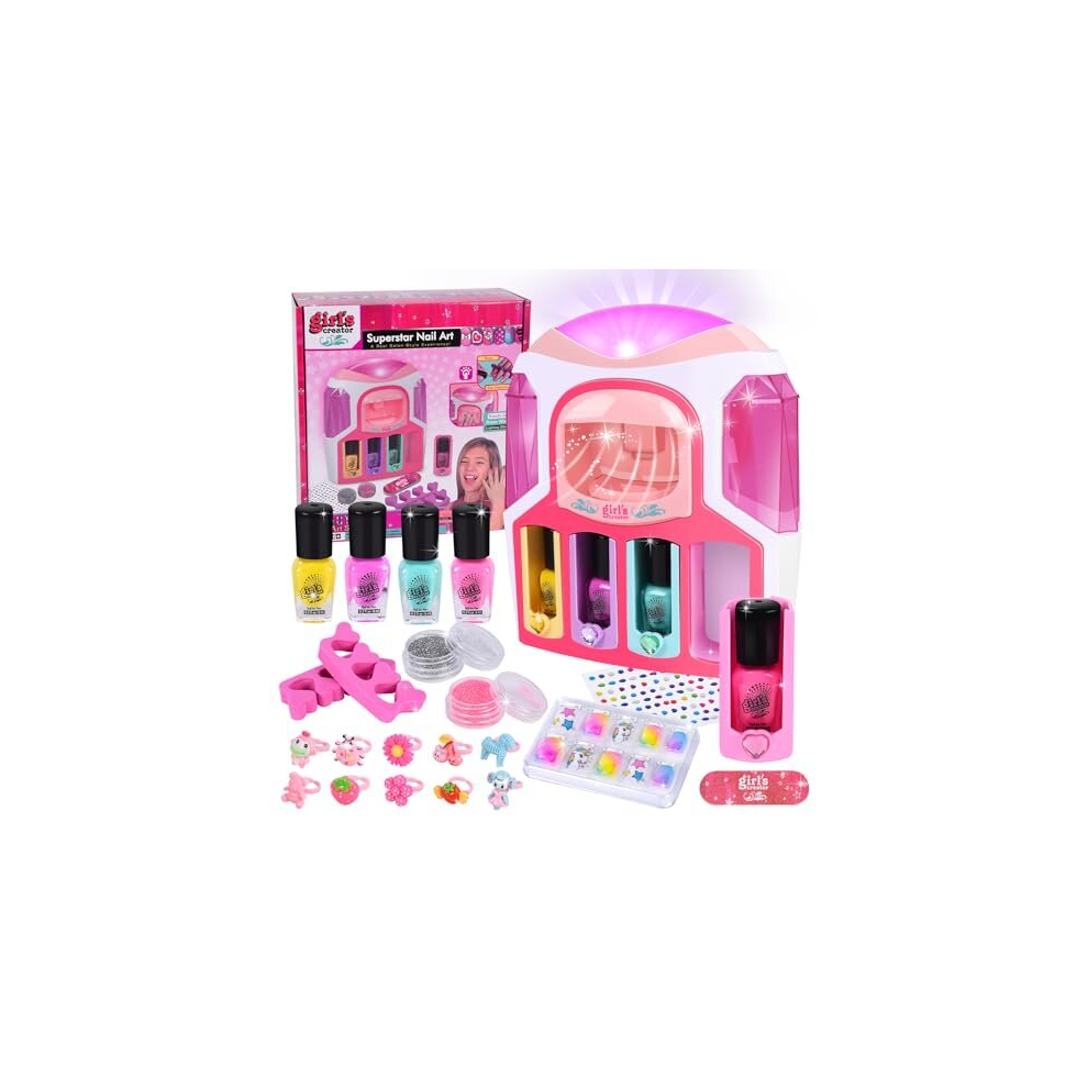 Kids Nail Polish Kit for Girls, Kids Nail Polish Set with 2 In 1 Nail Dryer Set, Nail Polish, DIY Sticker, Glitter Powder, Rings, Nail Art Kit