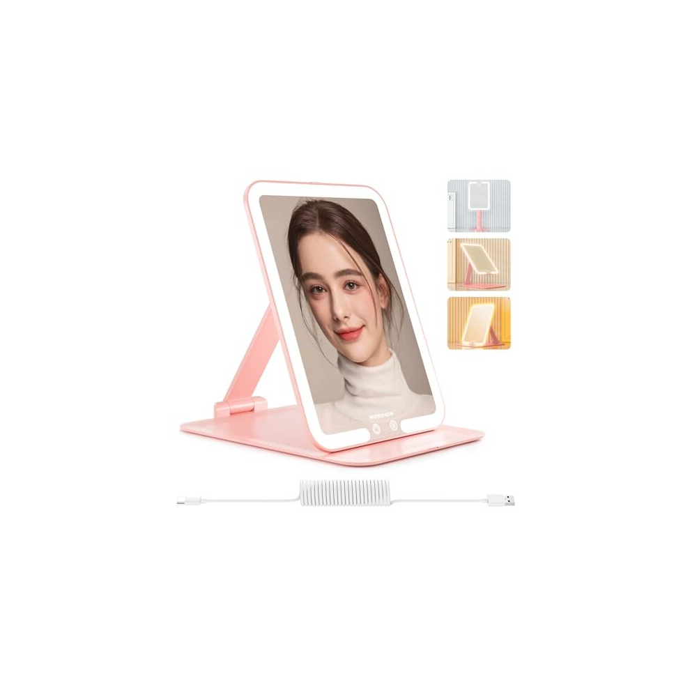 Wobsion Travel Makeup Mirror Rechargeable, Illuminated Makeup Mirror With 3 Colors Modes, Folding Mirror With Adjustable Stand, Desk Mirror With Lights For