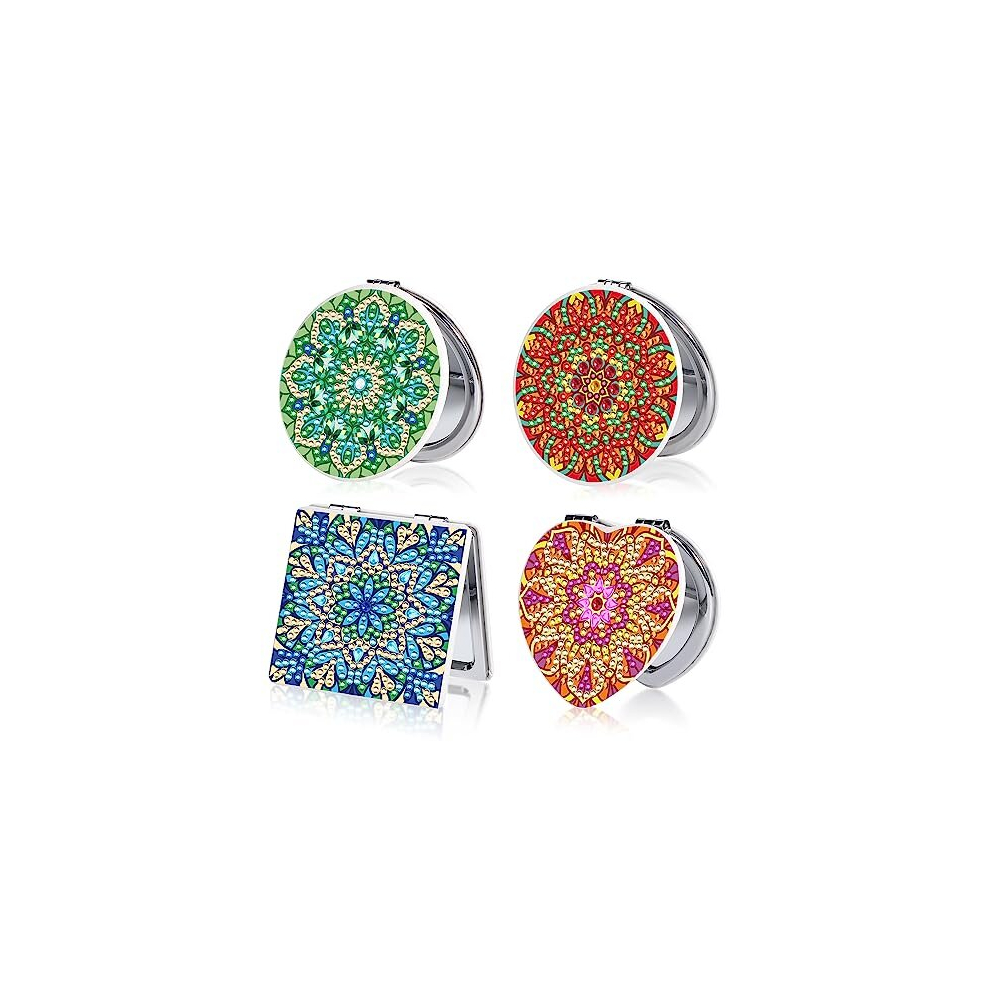 Savita 4Pcs Diamond Painting Compact Mirrors, Small Exquisite Diy Diamond Painting Makeup Mirror Portable Pocket Mirror Folding Purse Mirror Mandala Diamond