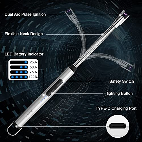 Candle Lighter Electric Flameless Lighter Rechargeable USB lighter With Safe Button (Silver) 1