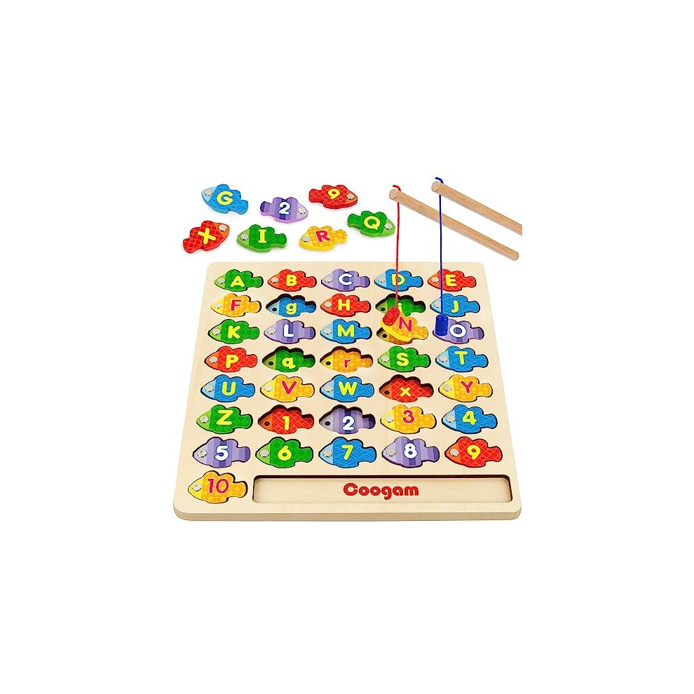 Magnetic Alphabet Numbers Fishing Game, Wooden ABC Letter Numbers Color Matching Puzzle Fine Motor Montessori Educational Toy for Preschool 3 4 5 Year