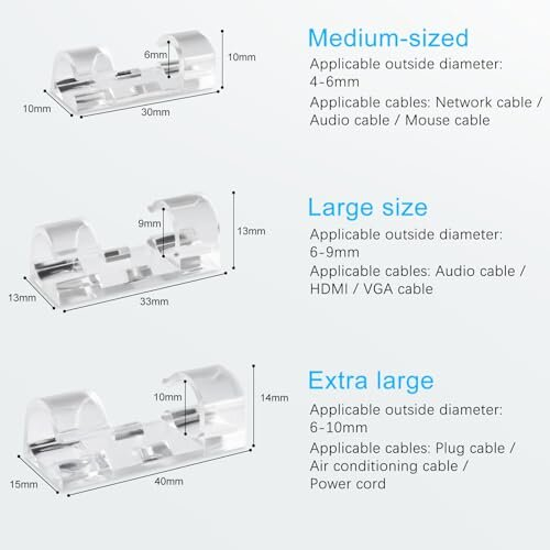 68PCS Transparent Cable Clips, Strong Self Adhesive Wire Clips, Medium Sized  40, Large Size  20, Extra Large  8 Cable Tidy Clips, Cable 2