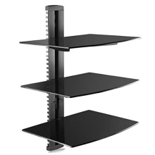 3 Floating Shelf Wall Bracket with Strengthened Tempered Glass for DVD Players/Cable Boxes/Games Consoles/TV Accessories, 3 Shelves, Black, CS303
