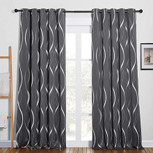 Grey Curtains Extra Long - 66 x 90 Inch, Eyelet Curtains for Living Room Thermal Insulated Soundproof Silver Wave Line Foil Printed Decorative