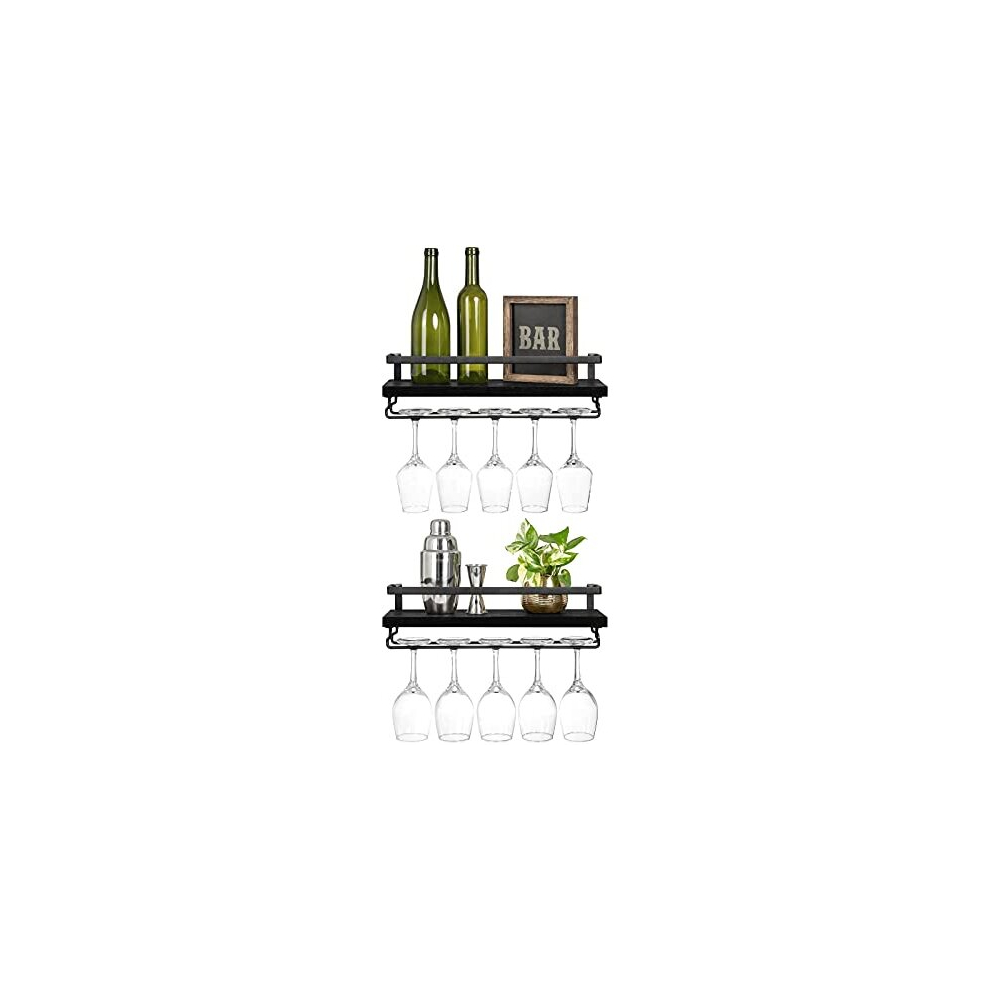 Wall Mounted Wine Rack Set of 2 Wood Shelf Rustic Bottle Glass Floating Shelves Stemware Hanger Modern Plants Photos Display Storage Holder Kitchen-image-OPC-PD77WDM-NEW