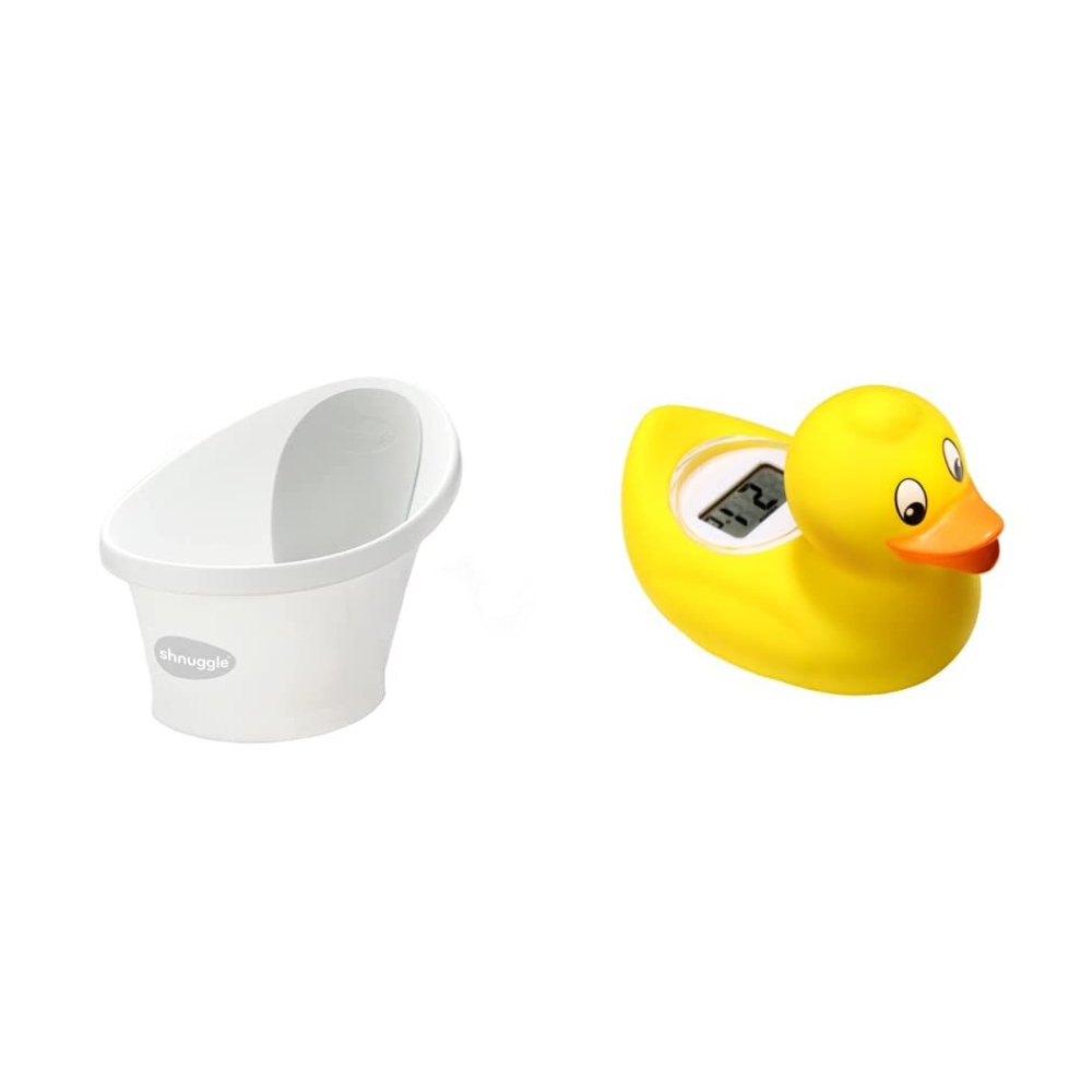 Baby Bath with Plug White with Grey backrest & TensCare Digi Duckling Digital Water Thermometer and Baby Bath Time Toy, Yellow