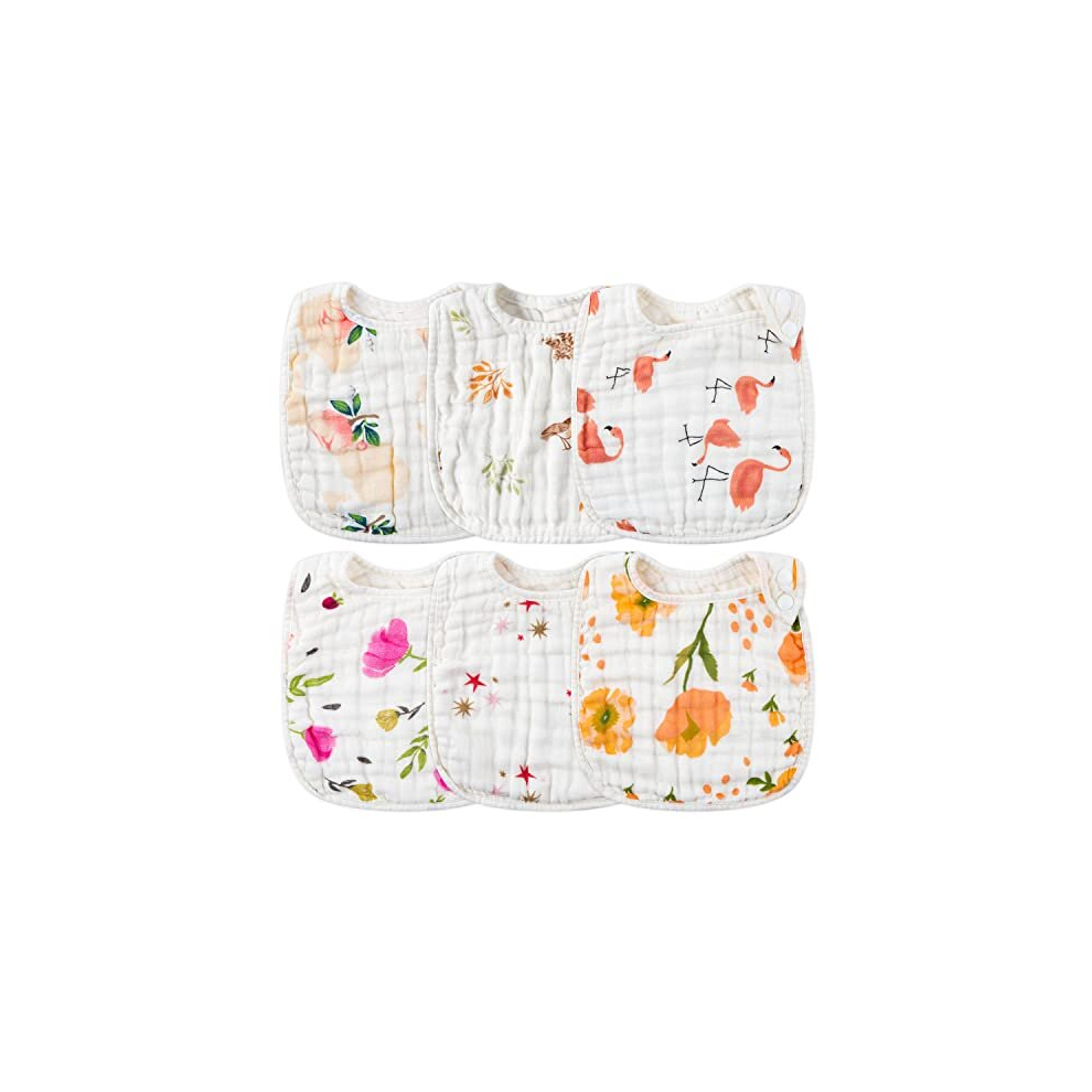 6Pcs Organic Cotton Bibs for Baby Girls, Absorbent Soft Muslin Cotton Baby Teeth Drooling Pink Bib, 6 Layers Burp Fabric With Adjustable Snaps for