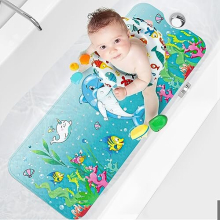 Bath Mat Non Slip Kids, Cartoon Non Slip Bath Mats for Tub, 100x40cm Extra Long Baby Bath Mat, Kids Bath Tub Mat with Suction Cups and Drain Holes,