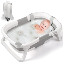 Baby Bath Tub for 0-24 Months Newborn, Foldable Toddler Bath with Soft Cushion Pad, Portable Baby Bathtub Travel Save Space (Grey)