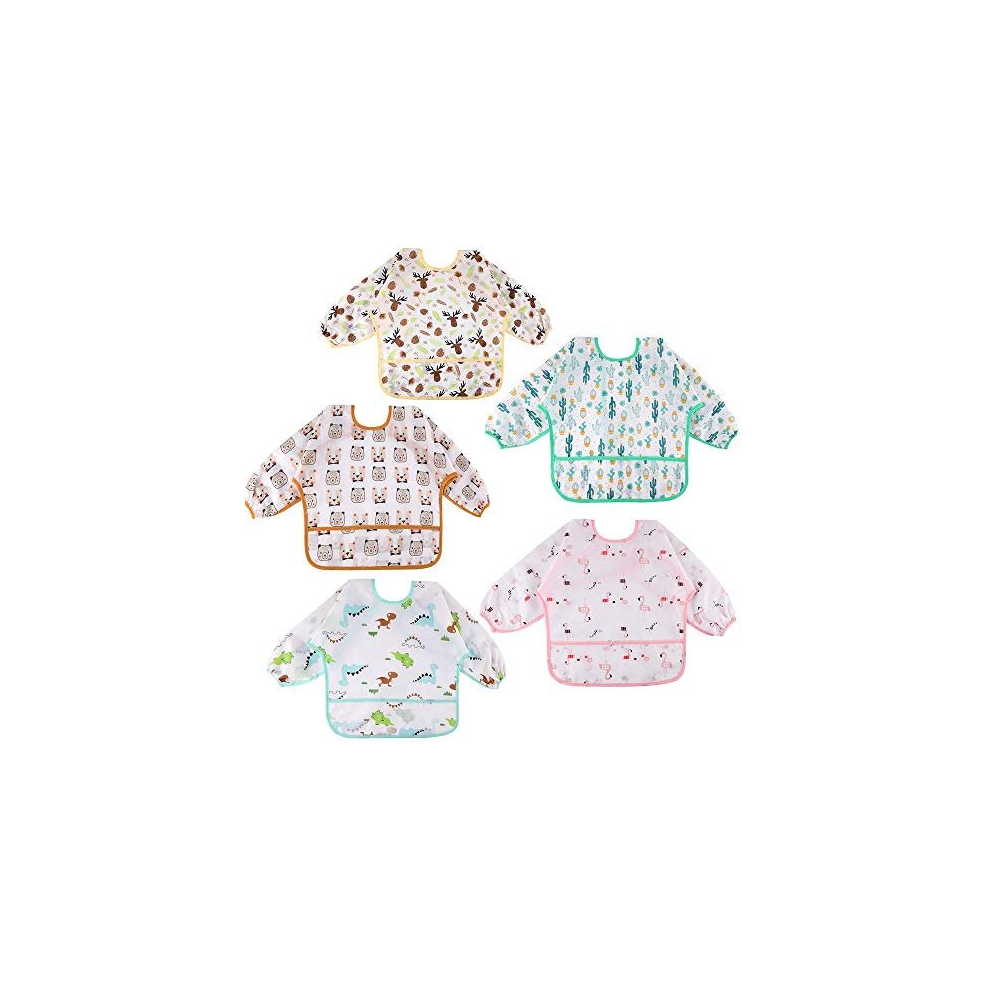 Lictin Unisex Infant Baby Bibs With Sleeves, 5 Pcs Waterproof Long Sleeve Bib Feeding Bibs Apron For Infant Toddler 6 Months And Up