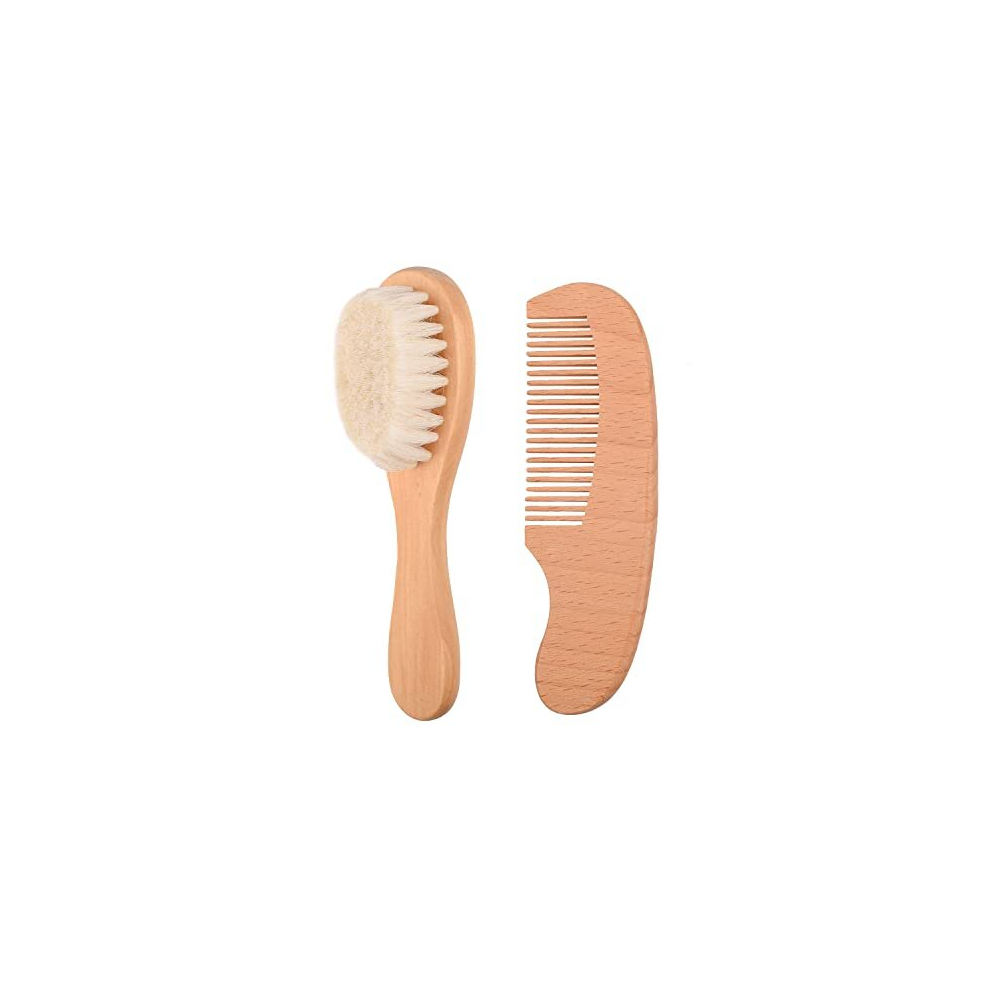 Mfuoe 2Pcs Baby Natural Wooden Handle Hair Brush And Comb Set Baby Bath Massage Beech Wool Brush Massage Brush