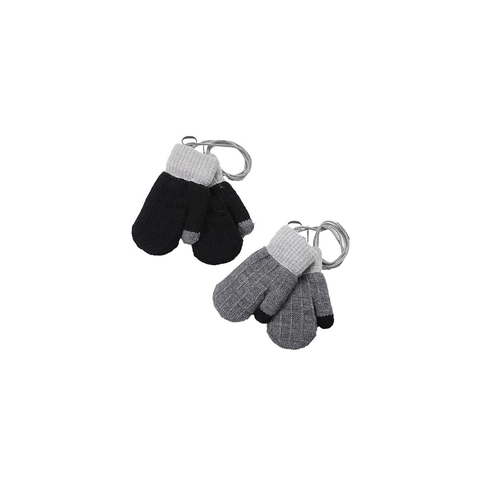 2Pairs Toddler Warm Knitted Mittens With String Winter Thick Thermal Full Finger Gloves Baby Colorful Stretch Magic Glove Fluffy Mitten Hanging Neck Inelihoo