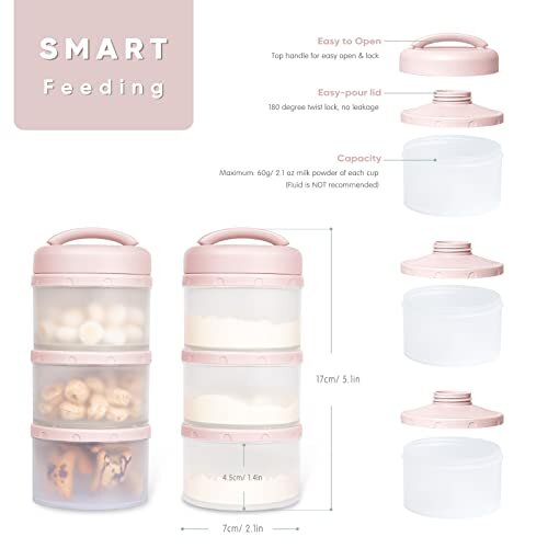 Baby Milk Powder Dispenser Pots Stackable Baby Formula Container, 2 Pack (Light Pink) 1