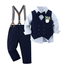 Baby Boy Gentleman Clothes Sets Infant Wedding Tuxedo Outfits Long Sleeve Formal Shirt + Suspender Pants + Vest + Bowtie + Boutonniere Blue,18-24