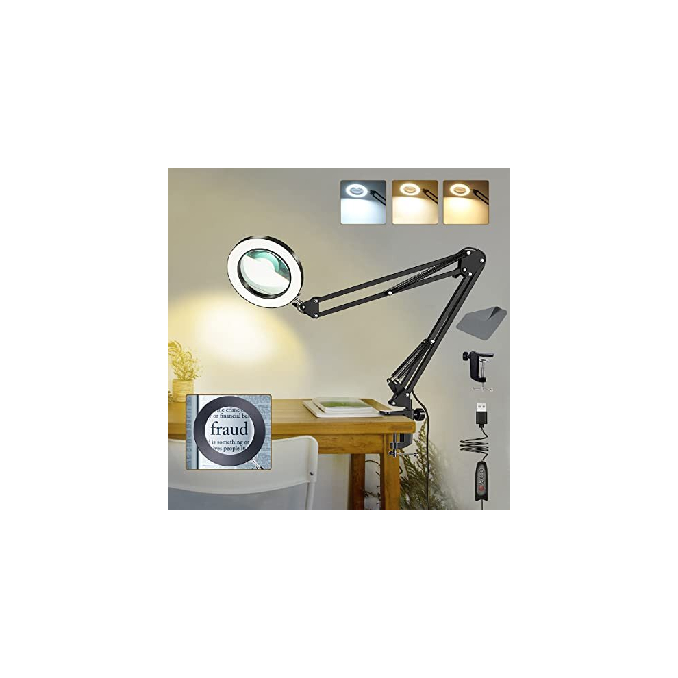 Vuejic Light 10X Magnifying Glass With ,3 Color Modes Stepless Led Dimmable Ed Magnifying Glasses For Hobbies,4.3" Real Glass Magnifier Lamp With Clamp