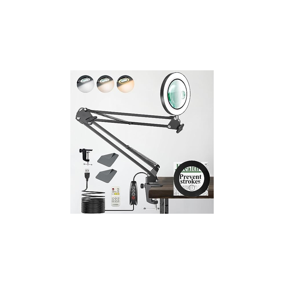Zaboul Light 10X 15X Magnifying Glass With 3 Color Modes Stepless Dimmable Ed Magnifier Clamp Lamp With Remote Control, Adjustable Arm 4.3" Glass Lens