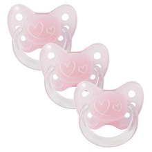 Dentistar Silicone Soother Set of 3 - Size 1 for 0-6 Months - Tooth and Jaw Friendly Silicone Soother with Dental Step - Pink with Hearts - BPA Free
