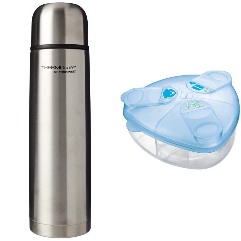 ThermoCafé Stainless Steel Flask, 1 Litre & MAM Milk Powder Box, Formula Milk Powder Dispenser Stores 40 g Per Serving, Milk Powder Storage Holds 3