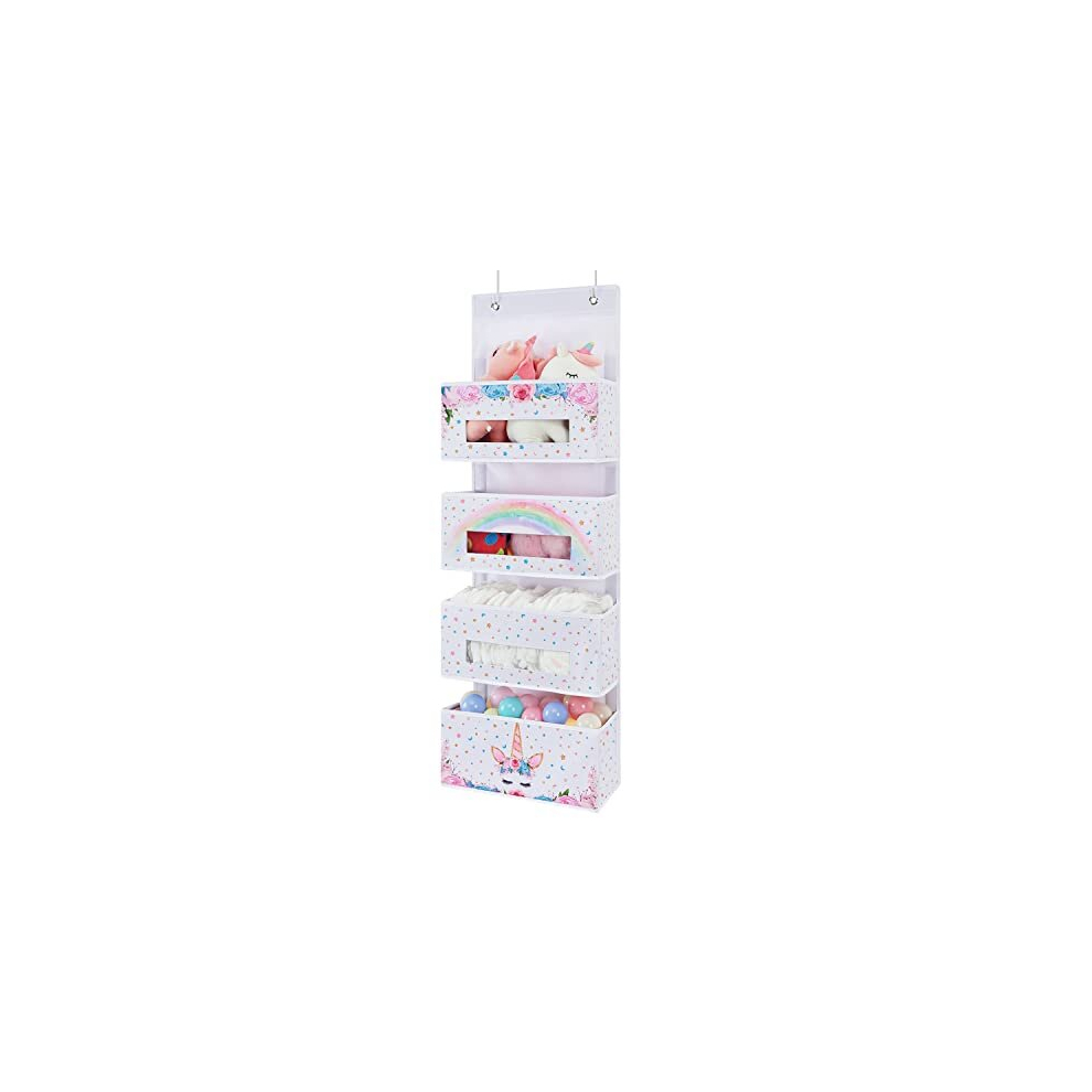 Unicorn Over the Door Hanging Organizer - 4 Clear Window Pocket Behind Door Hanger for Baby Girls Storage Rack Gifts Bathroom Organizer Toy Diaper